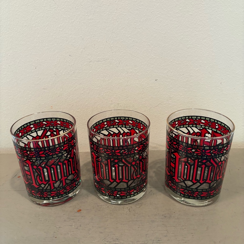 Three VTG Houze Festive Stained Glass Happy Holiday Glasses